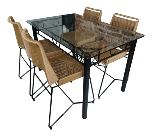 Imagen 1 de 4 de Mesa 140x80 Hierro Forjado + 4 Sillas Tulum + Cristal 10mm