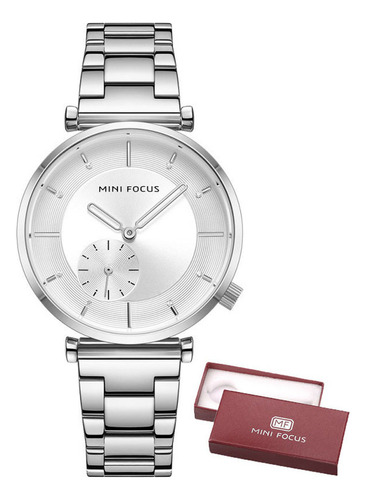 Relógio de pulso elegante de quartzo Mini Focus para mulheres, cor de pulseira prateada