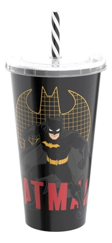 Copo Infantil C/ Canudo Super Heróis Água Refri Pintar 700ml Cor Preto Batman