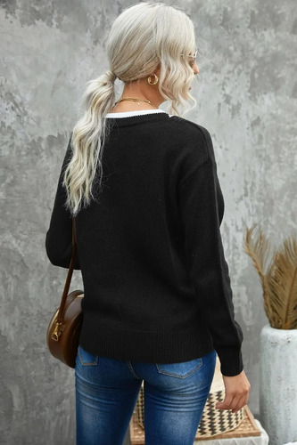 Suéter Para Mujer Cuello V Color Negro Con Blanco Moderno 