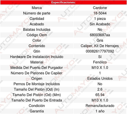 1-caliper Freno Delantero Izquierdo Dodge Journey 09-12 (Reacondicionado)