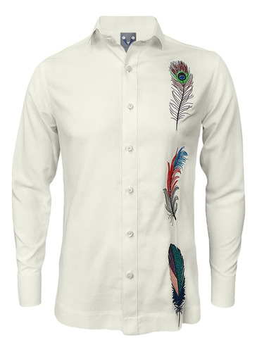 Camisa Guayabera Color Marfil En Lino Bordada Con Plumas