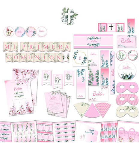 Kit Imprimible Cumple + Candy Editable - 1° Comunion Rosa