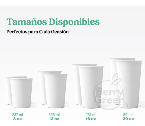 Berry Green vasos blancos para café 20 oz (591 ml) biodegradables sin tapa paquete de 120 piezas resistentes fáciles de apilar ideales para bebidas calientes en hogar u oficina