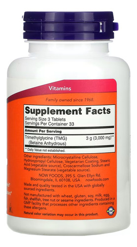 Tmg Betaína 1000mg Now Foods 100 Tabs + Porta Cápsulas Sabor Sem sabor