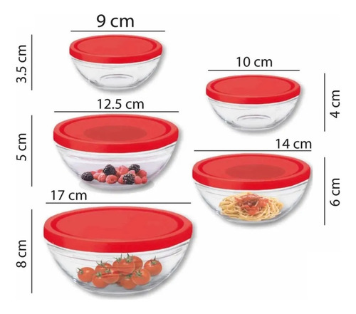 Set De 5 Bowl De Vidrio - Glazé - Refrectarios Con Tapa Rojo