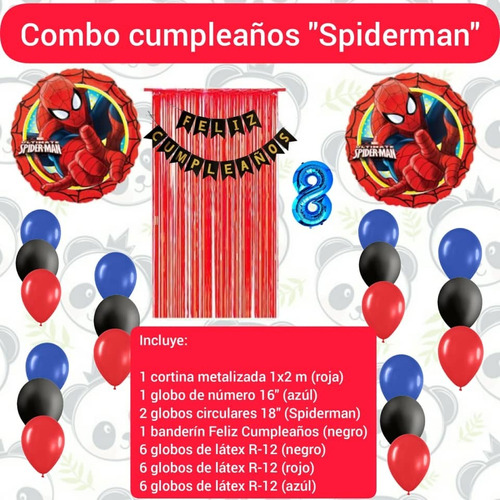 Combo Decoración Cumpleaños Spiderman Banderin Cortina Globo