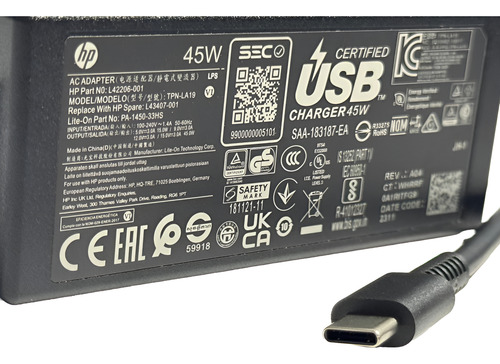 Cargador Hp Usb Tipo-c De 45w | Pavilion, Probook, Elitebook Negro