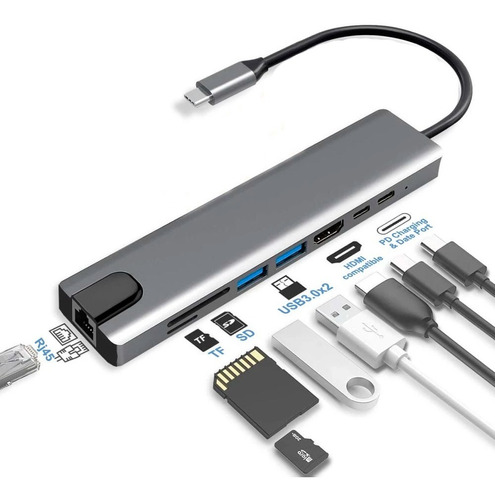 Hub 8 En 1 Usb-c 3.0 Hdmi 4k+ Rj45 Ethernet Sd Micro Pc