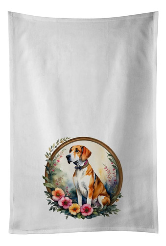 English Foxhound And Flowers Kitchen Towel Set Of 2 White Di