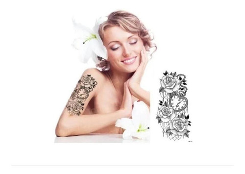 Delicado tatuaje temporal con corazón de reloj de flores de 20 cm
