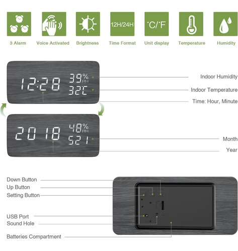 Reloj Despertador Digital De Madera, Reloj De Escritorio Led