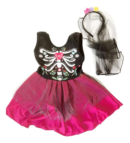 Disfraz Catrina Esqueleto Halloween Vestido Con Accesorio 