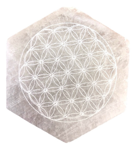 Placa Pedra Selenita Hexagonal Com Flor Da Vida 7cm X 1,5cm