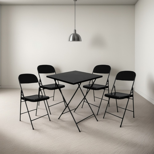 Conjunto Mesa Com 4 Cadeiras Dobráveis Bar Restaurante Preto Desenho Do Tecido Das Cadeiras Liso