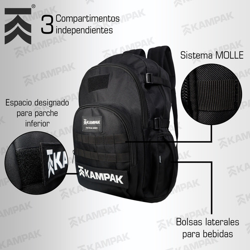 Super Mochila Expandible Kampak Mt09 Táctica Multiusos Negro
