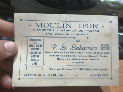 Tarjeta Moulin D´or P L Labarrere Fiambreria Montevideo 