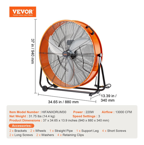 Ventilador De Tambor De 30 3 Velocidades, 13000 Cfm.