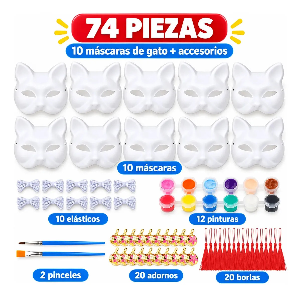 Juego de 74 piezas Máscaras De Gato En Blanco, Máscara De Pintura, Máscara Popular Con Borlas, Colores De Campana Y Lazos, Máscara De Zorro Para Cosplay, Fiestas Navideñas, Navidad