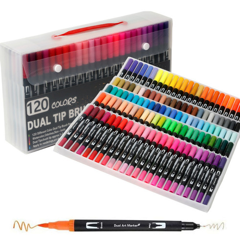 120 Colores Plumones Doble Punta Pencil Marcadores a Base de Agua No Toxico Para Niños y AdultosCepillo de Nailon 1-2mm y Punta Fina 0.4mm Colorear Rotuladores Lettering Dibujar Caligrafía