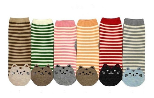 Pack De 6 Pares Calceta Algodón Diseños Gato Raya