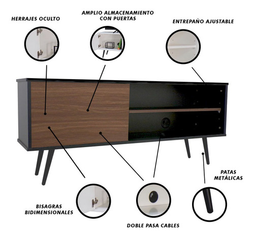 Mueble Para Tv Decomobil Credenza Con Pasacables Color NEGRO MATE | NOGAL NEO