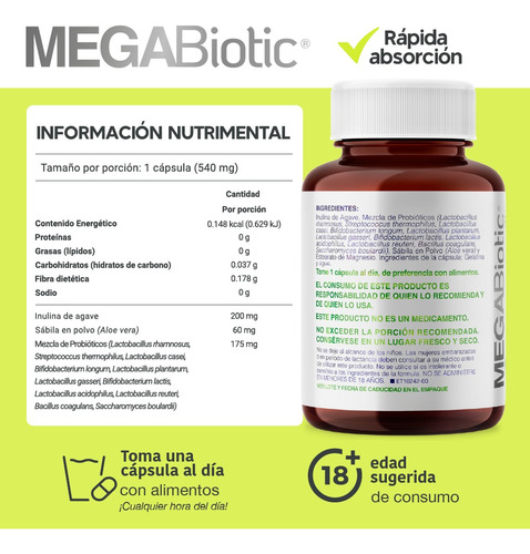 Imagen 3 de 7 de Megabiotic 11 Cepas De 120 Billones Probioticos 60 Capsulas