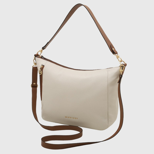 Bolsa Tote Transversal Feminina Couro Bovino Mariart Lagos Cor Off White/Camel