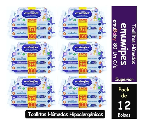 Toallitas Humedas Emuwipes Superior 80 C/u Pack De 12 Bolsas