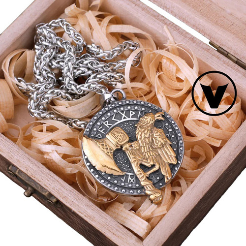 Collar Hombre Lujo Cuervo Hacha Valknut Nórdico Caja Vikings