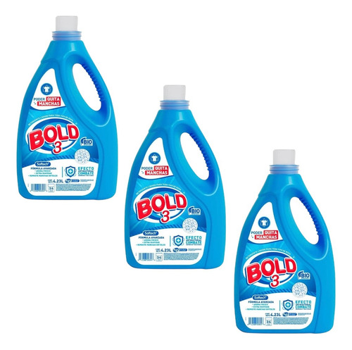 3x Detergente Líquido Ropa Telas Bold 3 Quita Manchas 4.23 L