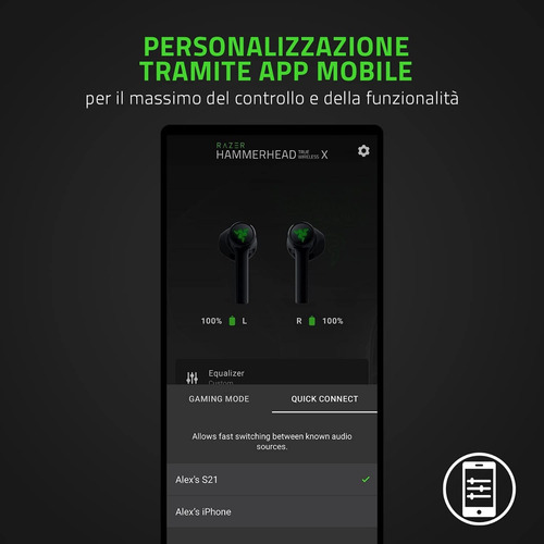Auriculares in-ear gamer inalámbricos Razer Hammerhead True Wireless X negro con luz verde LED