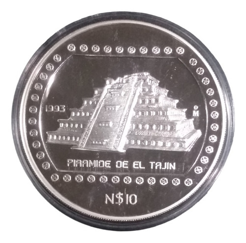 Moneda Plata N $10 5 Onzas Piramide El Tajín  1993 Capsula