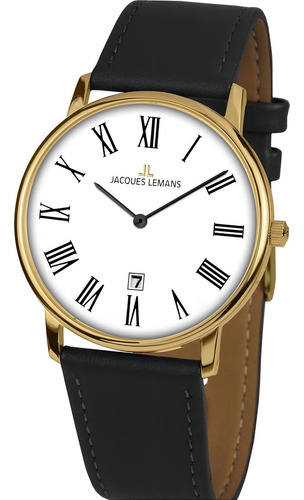 Reloj Jacques Lemans 1-2003g Classic Números En Romano-negro Color De La Correa Negro Color Del Bisel Dorado Color Del Fondo Blanco