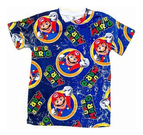 Camiseta Niño Azul Super Mario Bross Saliendo Del Aro Dorado