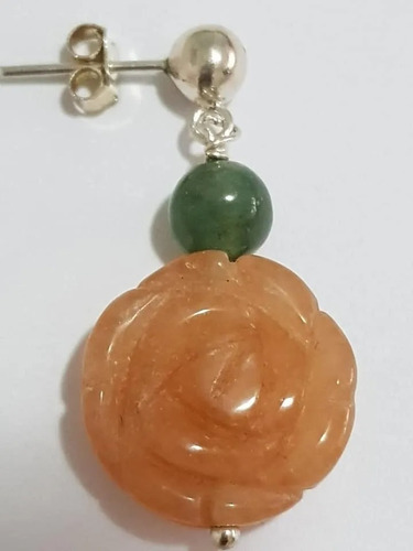 Aros Rosita Tallada En Aventurina Naranja Y Verde Plata 925