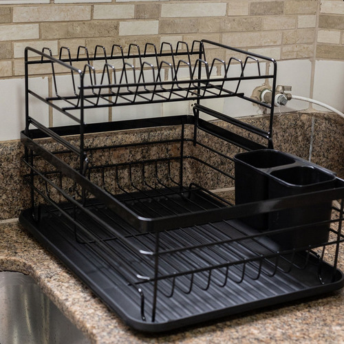 Escorredor De Louça Inox Com Porta Pratos Talheres Copos Cor Preto