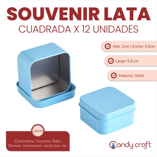 Souvenir Lata Cuadrada 5,5cm Combo X 12 Unidades Candy Bar