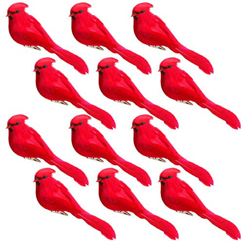 Adornos De Cardenales Rojos, Paquete De 12 Pájaros Roj...
