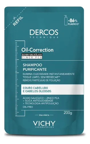 Refil Shampoo Purificante Para Cabelos Oleosos Limpeza Profunda Sem Ressecar Os Fios Fórmula Com Ácido Salicílico E Zinco Pca Oil-correction Vichy Dercos 200g
