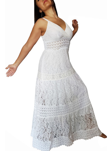 Vestido Encaje Guipur Hindu Largo Blanco Importado Elegante!