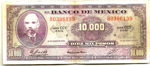 Billete De 10.000  Pesos Matias Romero 1978