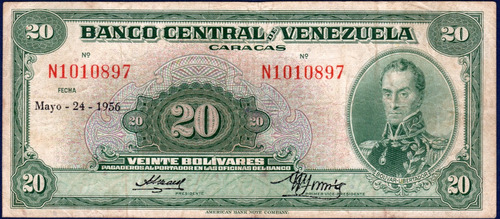 Billete De 20 Bolívares N7 Mayo 24 1956 Simón Bolívar