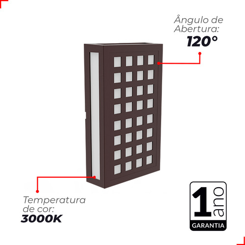 Arandela Externa Interna Parede Cobogó Quadros 12w 720lm Ip65 3000K 127/220V Cor Marrom Café Luz Branco Quente 341340371