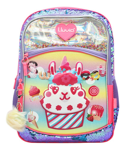 Mochila Llama Sweet Muffin Primaria 3d Lentejuela Lluvia Color Violeta/rosa