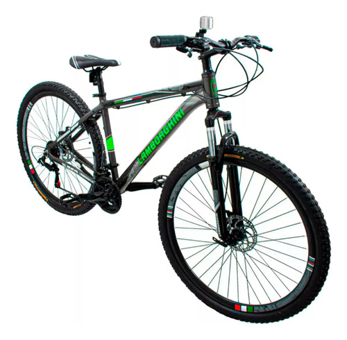 Bicicleta Mountain Bike Lamborghini Aluminio 21 Velocidades Shimano Rodado 29 Suspension Frenos A Disco Color Gris Verde Talle L Con Pie De Apoyo