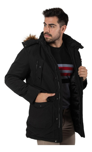 Imagen 2 de 10 de Campera Hombre Parka Impermeable Negro Capucha Piel Imported
