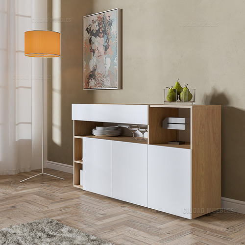 Aparador Mueble Vajillero De 140cm 10 Estantes C/ Cajon Color Gris Cuba frente Nogal