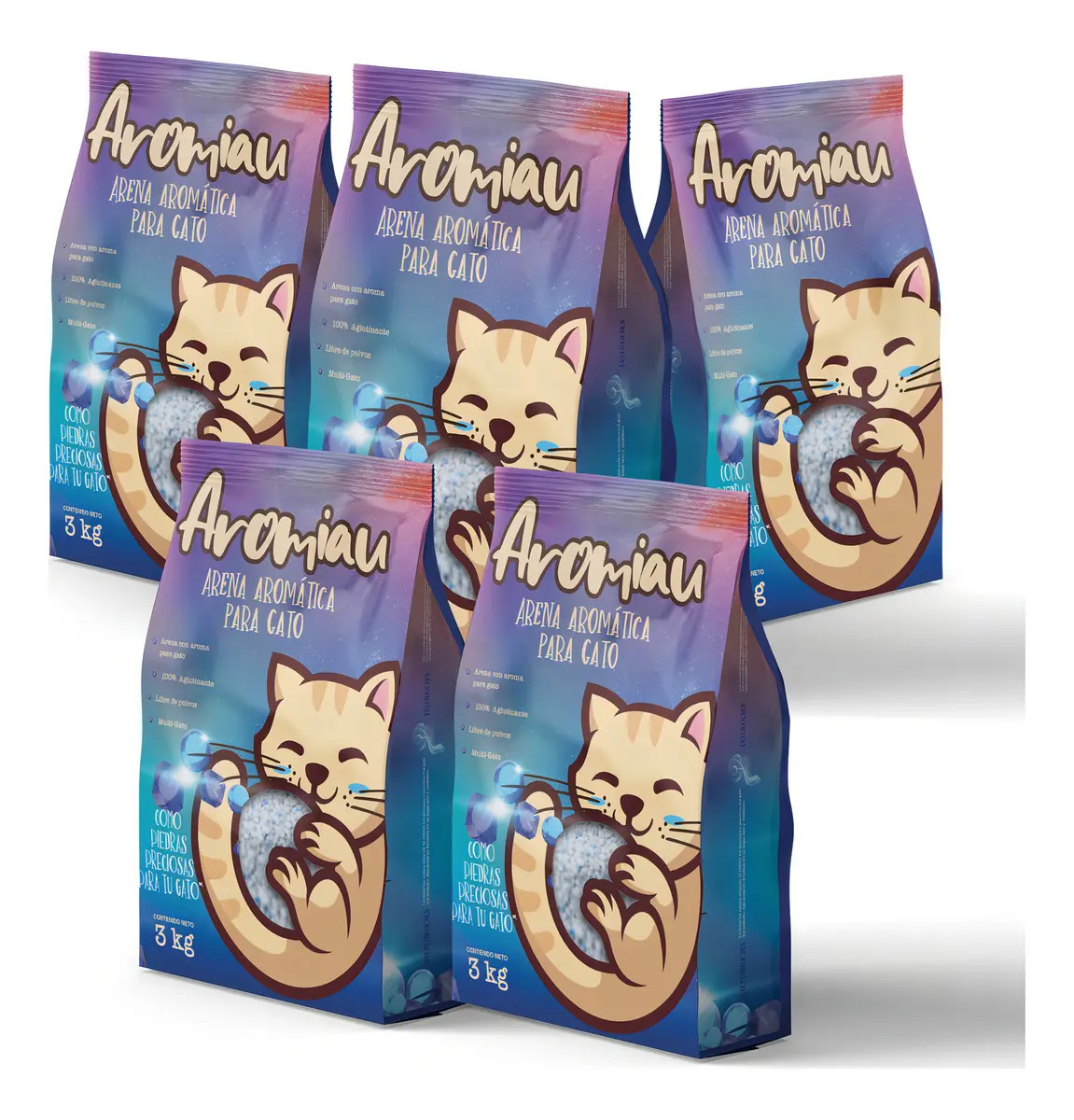 Arena para gato con aroma 100 porciento Aglutinante Aromiau 5 unidades de 3kg cada una en total 15kg arena fresca