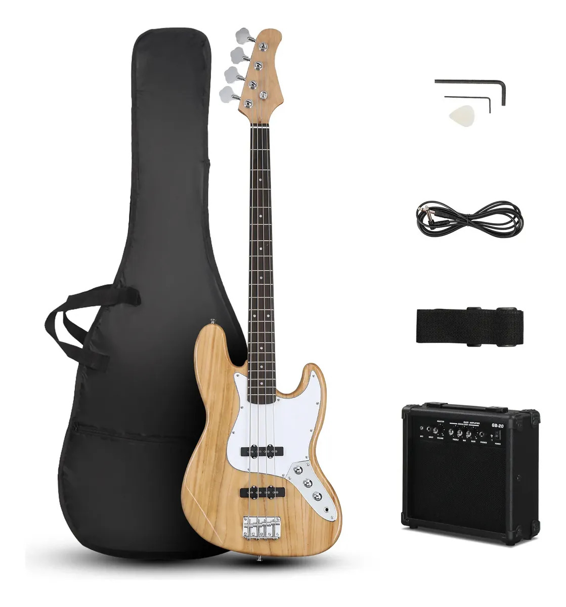 Bajo Eléctrico Ktaxon Con Amplificador 20w Kit Completo Diestro Marrón Madera Laqueado 4